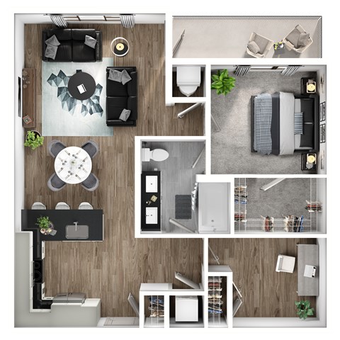 Floor plan for 1 bed, 1 bath, 944 sqft