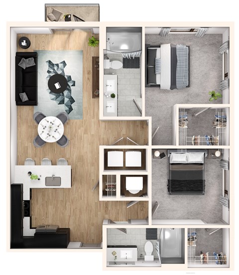 Floor plan for 2 beds, 2 baths, 1054 sqft