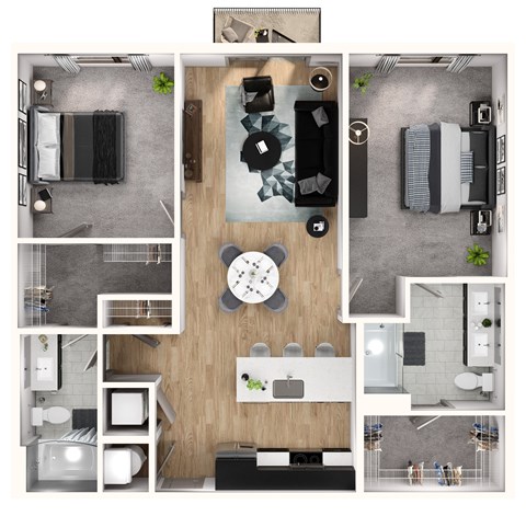 Floor plan for 2 beds, 2 baths, 1108 sqft