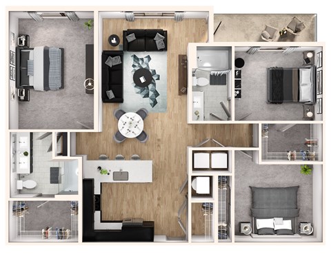 Floor plan for 2 beds, 2 baths, 1381 sqft