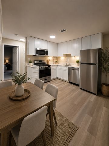 Woodbridge apartment for rent - A modern kitchen with a dining table and chairs.
