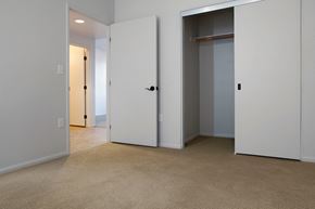 Brentwood apartment for rent - a bedroom with two closets and a carpeted floor