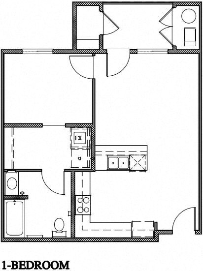 Floor plan for 1 bed, 1 bath, 607 sqft