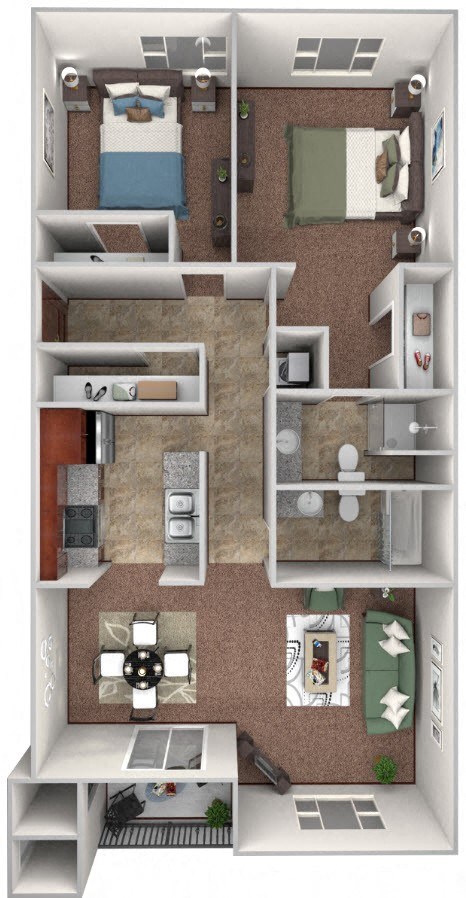 Floor plan for 2 beds, 2 baths, 972 sqft