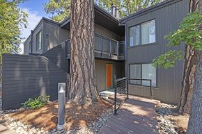 Beaverton apartment for rent - A modern house with a grey exterior and a large tree in front.