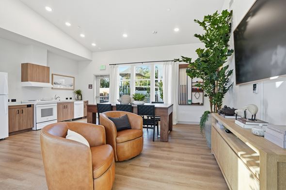 Capitola apartment for rent - A modern living room with brown leather chairs and a flat screen TV.