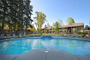 Beaverton apartment for rent - A large swimming pool surrounded by trees and lounge chairs.