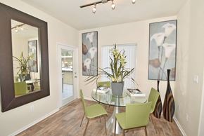 Sacramento apartment for rent - a dining room with a glass table and green chairs