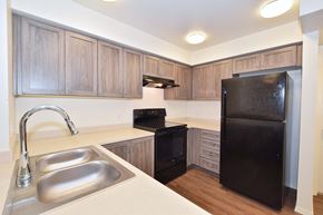 Penn Valley apartment for rent - a kitchen with a black refrigerator freezer and a black stove top oven