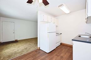 Portland apartment for rent - a kitchen with a white refrigerator and a sink