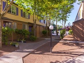 Woodburn apartment for rent - a street view of a yellow building with trees and a street light