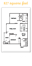 Floor plan for 2 beds, 1 bath, 827 sqft