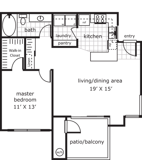 Floor plan for 1 bed, 1 bath, 767 sqft