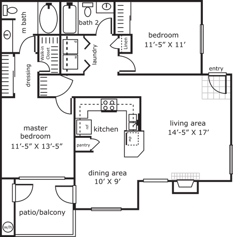 Floor plan for 2 beds, 2 baths, 1067 sqft