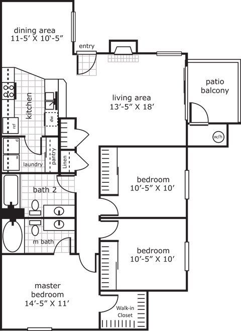 Floor plan for 3 beds, 2 baths, 1240 sqft
