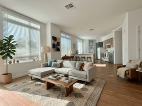 Concord apartment for rent - A living room with a couch, a coffee table, and a potted plant.