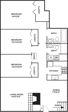 Floor plan for 3 beds, 2 baths, 1256 sqft
