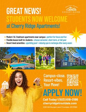 Troutdale apartment for rent - A poster advertising Cherry Ridge Apartments, highlighting their modern 1 & 2 bedroom apartments, flexible leases, and resort-level amenities.