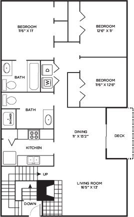 Floor plan for 3 beds, 2 baths, 1311 sqft