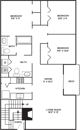 Floor plan for 3 beds, 2 baths, 1311 sqft