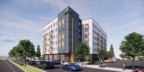 San Jose apartment for rent - A modern multi-story building with a mix of white and blue panels is surrounded by trees and a street with cars and pedestrians.