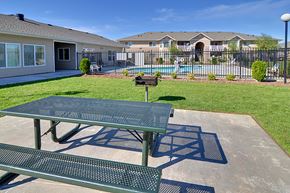 Red Bluff apartment for rent - a picnic table with a grill in a yard with a pool