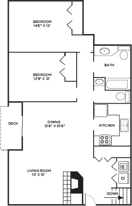 Floor plan for 2 beds, 1.5 baths, 1223 sqft