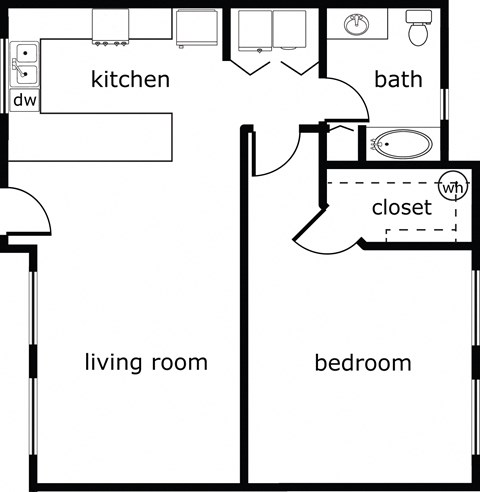 Floor plan for 1 bed, 1 bath, 740 sqft