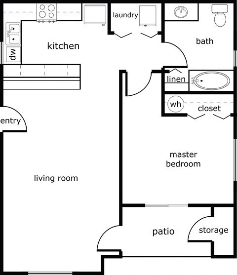 Floor plan for 1 bed, 1 bath, 741 sqft