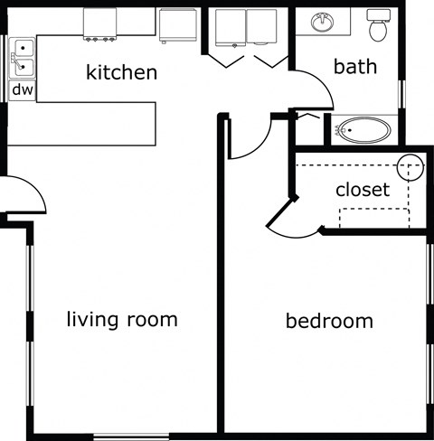 Floor plan for 1 bed, 1 bath, 930 sqft