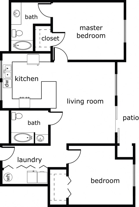 Floor plan for 2 beds, 2 baths, 1037 sqft