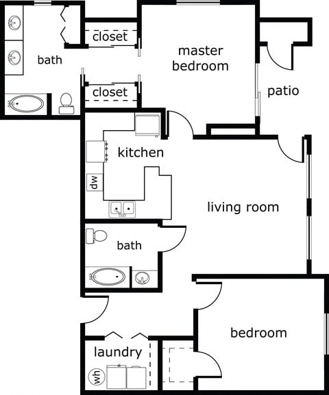 Floor plan for 2 beds, 2 baths, 1164 sqft