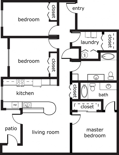 Floor plan for 3 beds, 2 baths, 1382 sqft