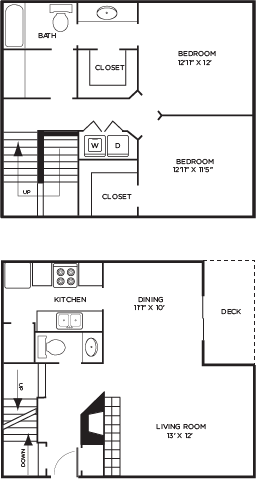 Floor plan for 2 beds, 1.5 baths, 1243 sqft