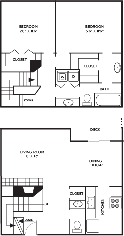 Floor plan for 2 beds, 1.5 baths, 1261 sqft