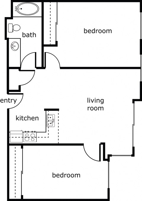 Floor plan for 2 beds, 1 bath, 823 sqft