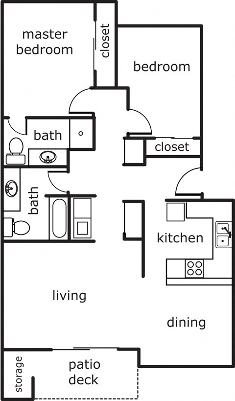 Floor plan for 2 beds, 2 baths, 1075 sqft