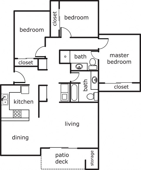 Floor plan for 3 beds, 2 baths, 1259 sqft