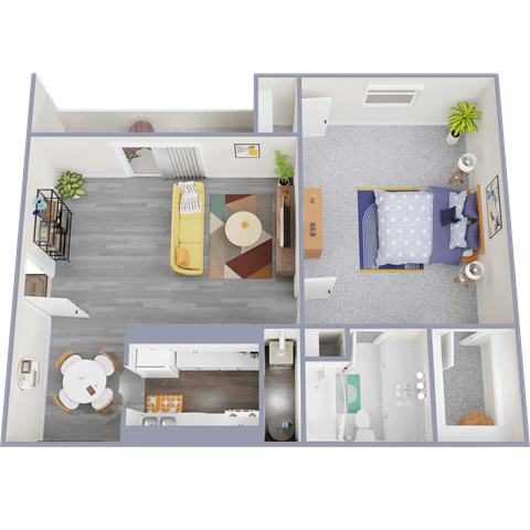 Floor plan for 1 bed, 1 bath, 713 sqft