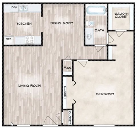 Floor plan for 1 bed, 1 bath, 600 sqft