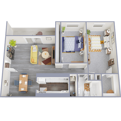 Floor plan for 2 beds, 1 bath, 851 sqft