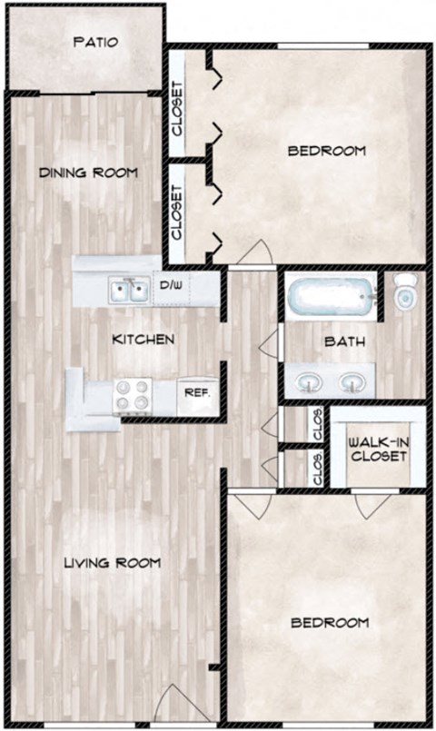 Floor plan for 2 beds, 1 bath, 900 sqft