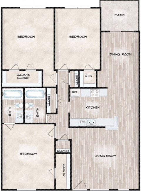 Floor plan for 3 beds, 2 baths, 1354 sqft