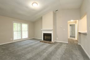 Lawrenceville apartment for rent - A spacious living room with a fireplace and a carpeted floor.