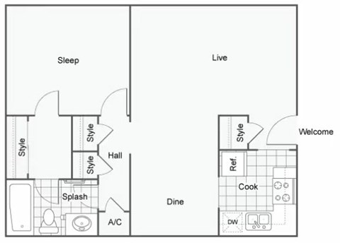Floor plan for 1 bed, 1 bath, 906 sqft