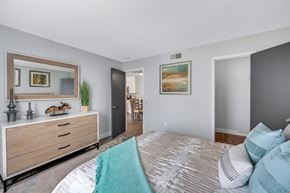 Tampa apartment for rent - A bedroom with a large bed and a dresser with a mirror above it.