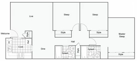 Floor plan for 3 beds, 2 baths, 1156 sqft