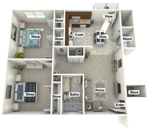 Floor plan for 2 beds, 1 bath, 940 sqft