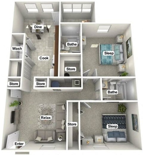 Floor plan for 2 beds, 2 baths, 980 sqft
