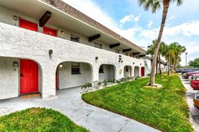 Port Richey apartment for rent - a white building with a red door and grass and palm trees